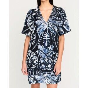 Marie Oliver Kiki Dress Blue Palmetto Print Puff Sleeve Linen Blend Boho Size XL